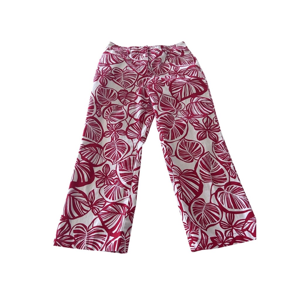 Talbots Stretch Pants Womens Size 2 Red‎ & White Leaf Print Cotton Blend